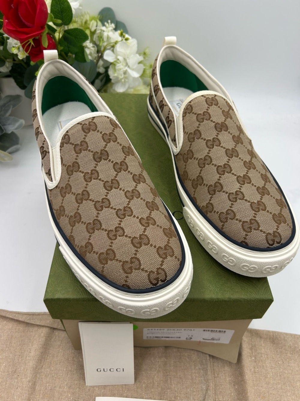 Men's Gucci tennis 1977 slip on sneakers GG canvas size 13 made in Italy - Picture 1 of 10